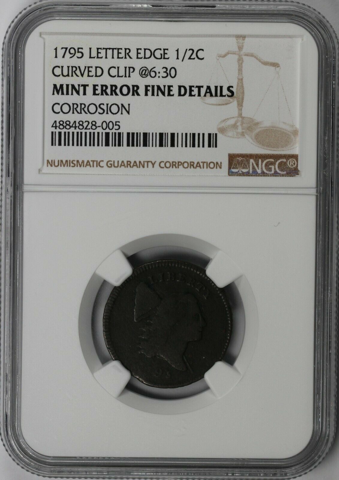 1795 1/2c C-1 Lettered Edge Liberty Cap Half Cent NGC FINE DETAILS CORROSION - Fresh Stock Dated February 2026