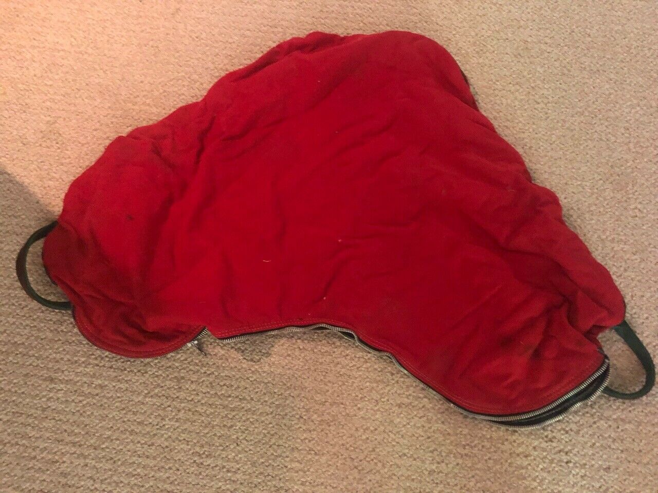 english saddle carrier,  fleece lined with leather handles, zipper closure, red - Fresh Stock Dated December 2025