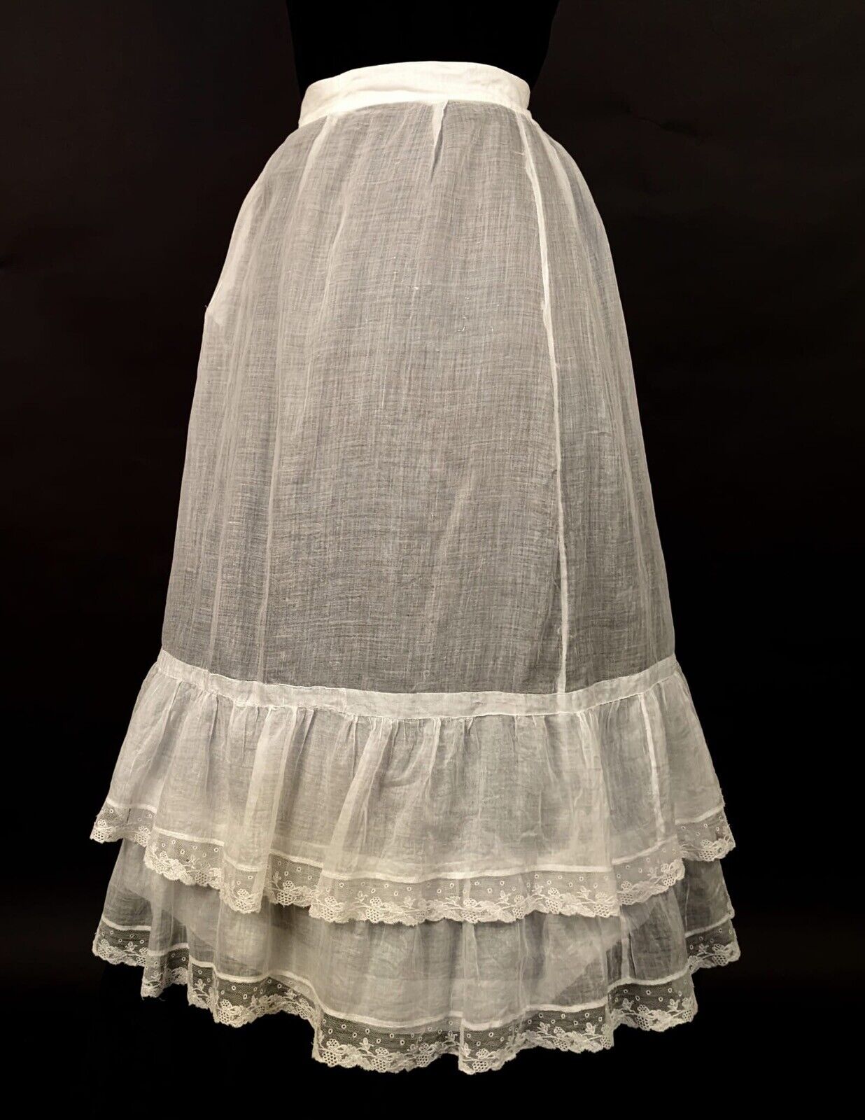 VICTORIAN SHEER WHITE MUSLIN SKIRT W FLOUNCED LACE TRIMMED BOTTOM - Fresh Stock Dated March 2026