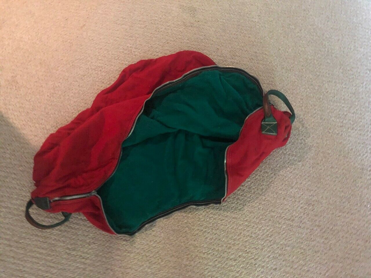 english saddle carrier,  fleece lined with leather handles, zipper closure, red - Fresh Stock Dated December 2025