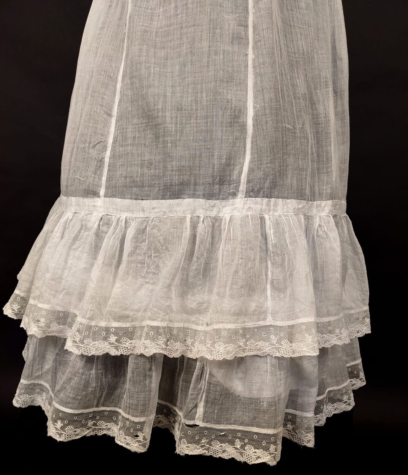 VICTORIAN SHEER WHITE MUSLIN SKIRT W FLOUNCED LACE TRIMMED BOTTOM - Fresh Stock Dated March 2026