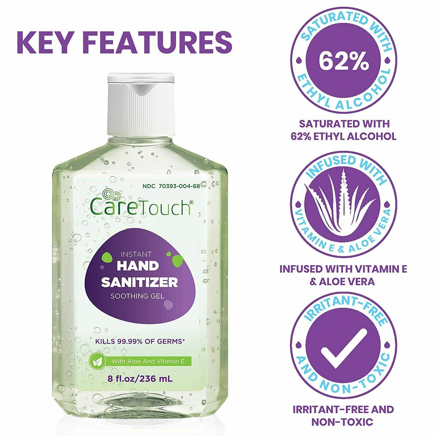 Care Touch Instant Hand Sanitizer Gel with Vitamin E and Aloe Vera, 12-Pack 8oz - Fresh Stock Dated February 2026