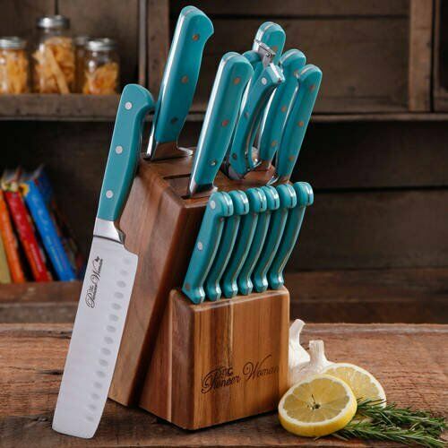 Kitchen Knife Set 14 Pieces Cutlery Block Durable Stainless Steel Gift Turquoise - Fresh Stock Dated December 2025