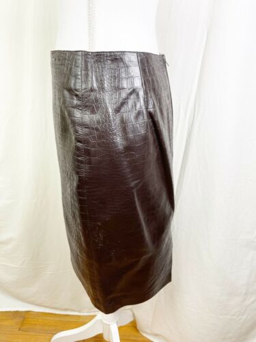 Vintage Deadstock Henri Bendel Leather Reptile Embossed Brown Pencil Skirt Small - Fresh Stock Dated February 2026