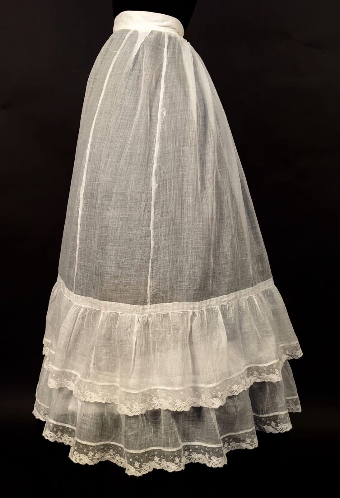 VICTORIAN SHEER WHITE MUSLIN SKIRT W FLOUNCED LACE TRIMMED BOTTOM - Fresh Stock Dated March 2026