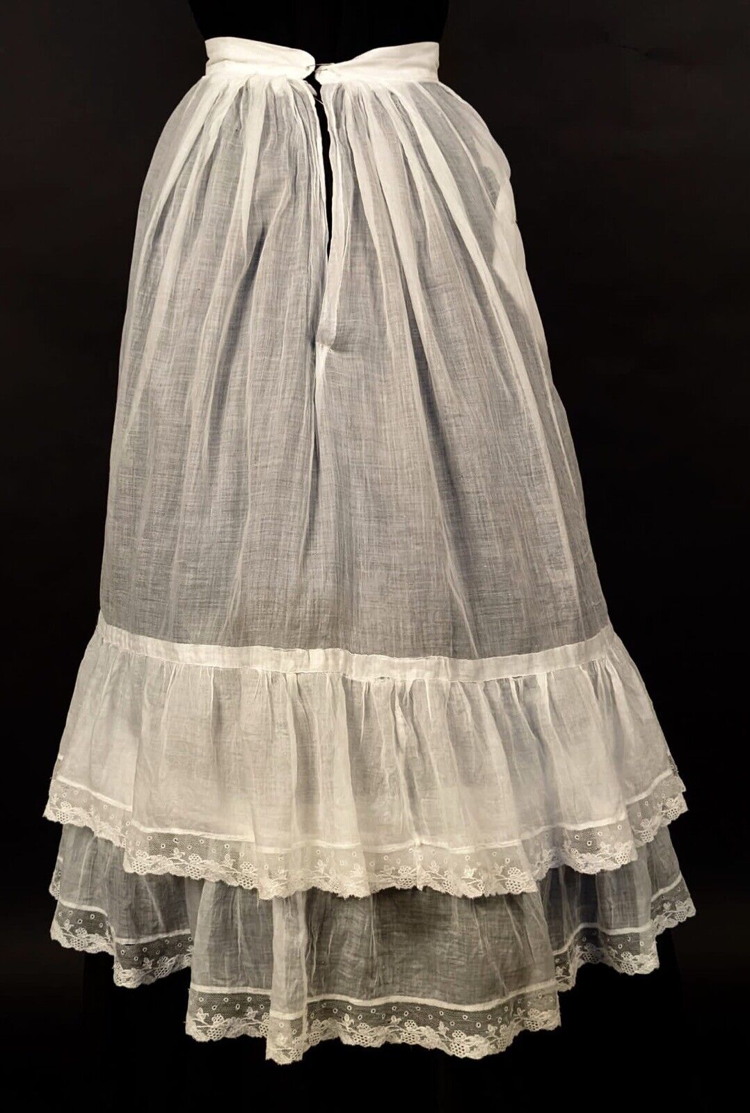 VICTORIAN SHEER WHITE MUSLIN SKIRT W FLOUNCED LACE TRIMMED BOTTOM - Fresh Stock Dated March 2026