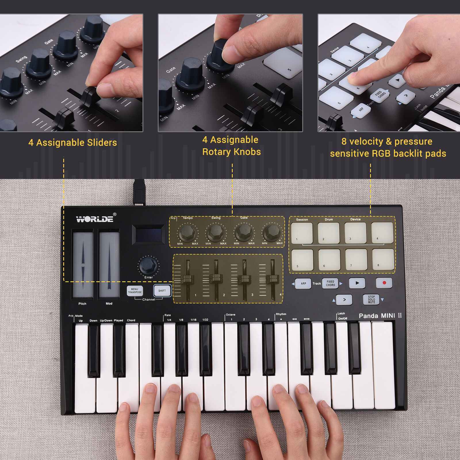 WORLDE Panda MINI II Portable 25- USB MIDI Keyboard Controller with 8 Q7Q5 - Fresh Stock Dated February 2026