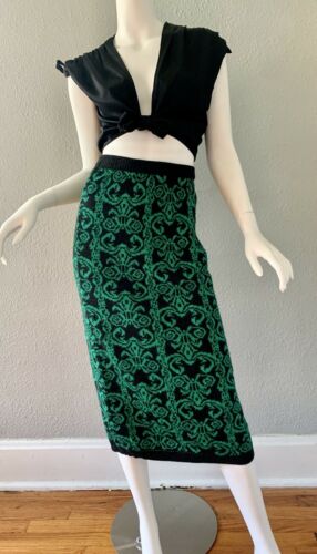 Vintage 80s Retro High Waist Green Baroque Pencil Sweater Midi Skirt XS/S - Fresh Stock Dated March 2026