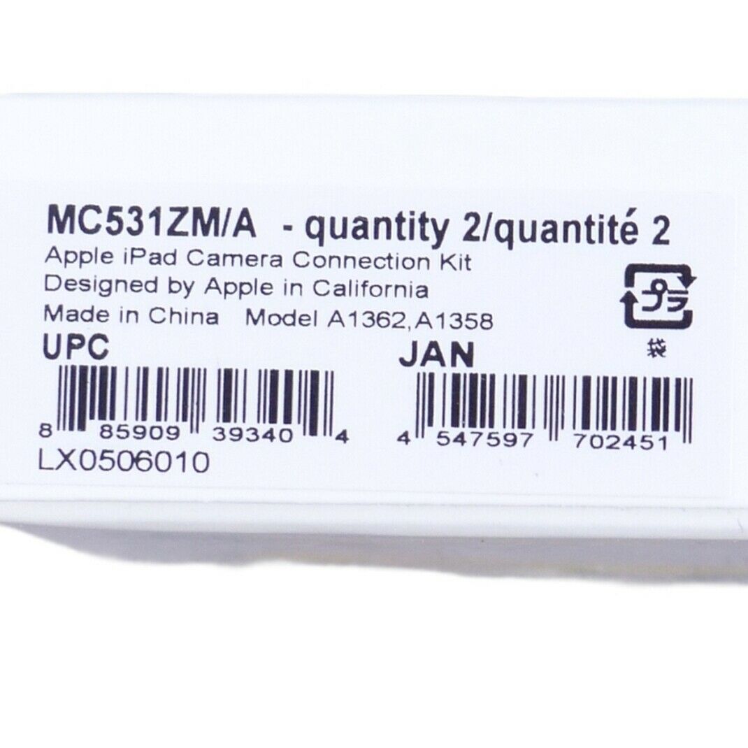 Apple iPad Camera Connection Kit MC531ZM/A (A1362 & A1358) Genuine New - Fresh Stock Dated February 2026