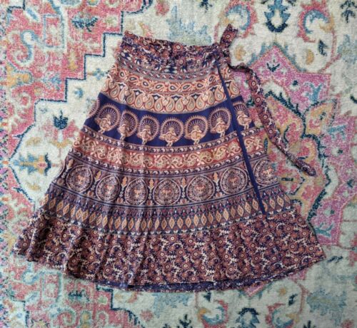 vintage 70s india cotton wrap maxi skirt block print bohemian boho peacocks - Fresh Stock Dated December 2025