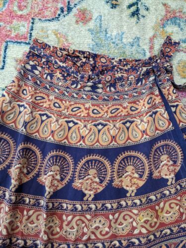 vintage 70s india cotton wrap maxi skirt block print bohemian boho peacocks - Fresh Stock Dated December 2025