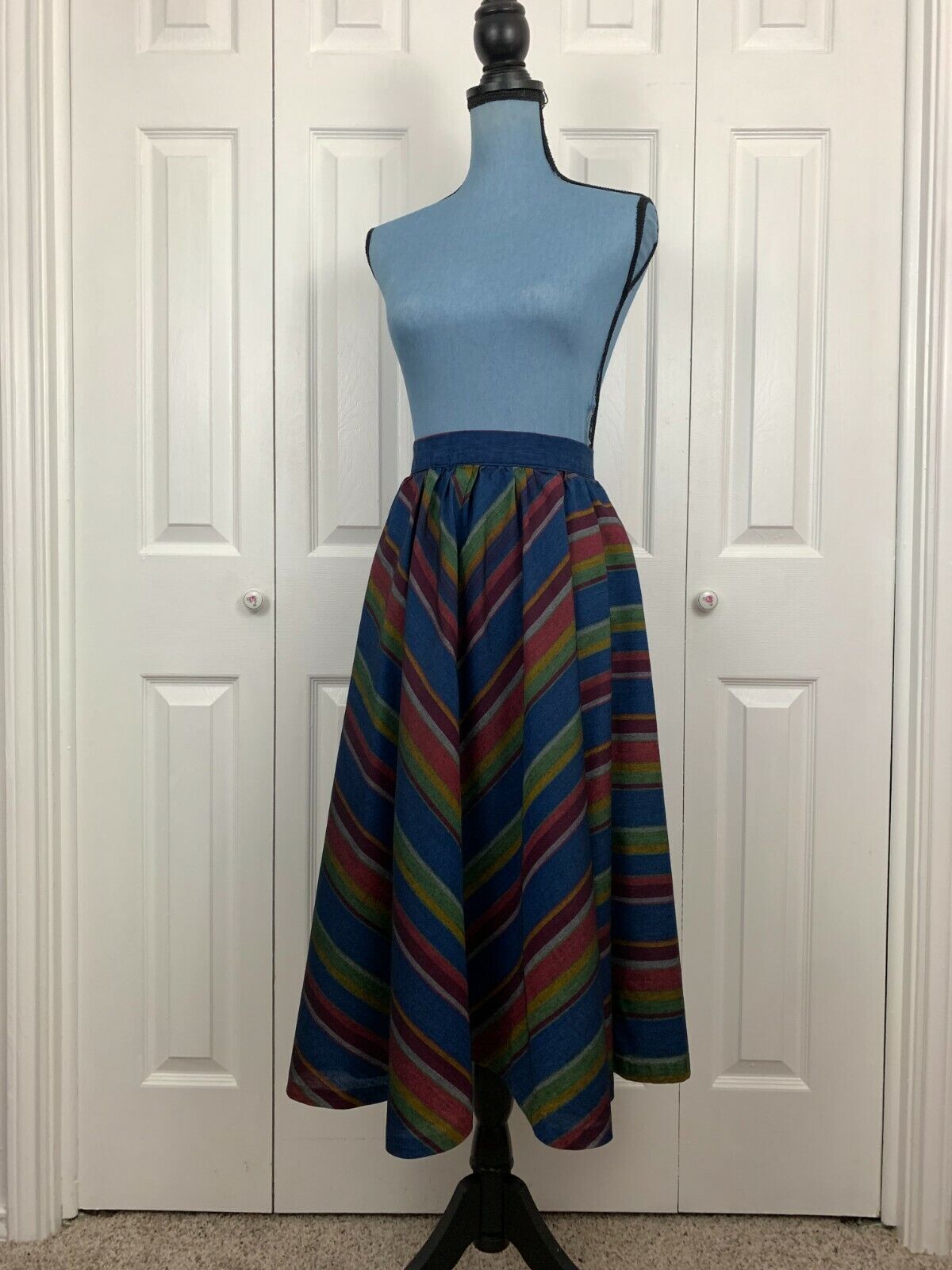 Vintage 1970’s Striped Multi Color Circle Midi Skirt Boho Cottage Core 24