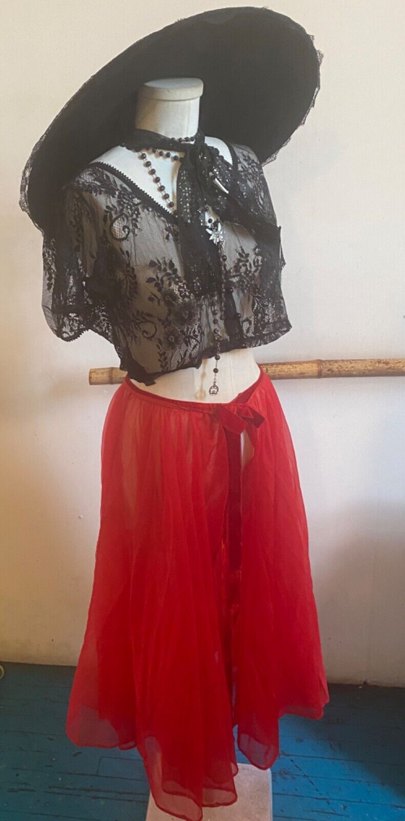 Vintage 1950’s Red Chiffon Glam Pin Up Rockabilly  Velvet Bow Split Party  Skirt - Fresh Stock Dated March 2026