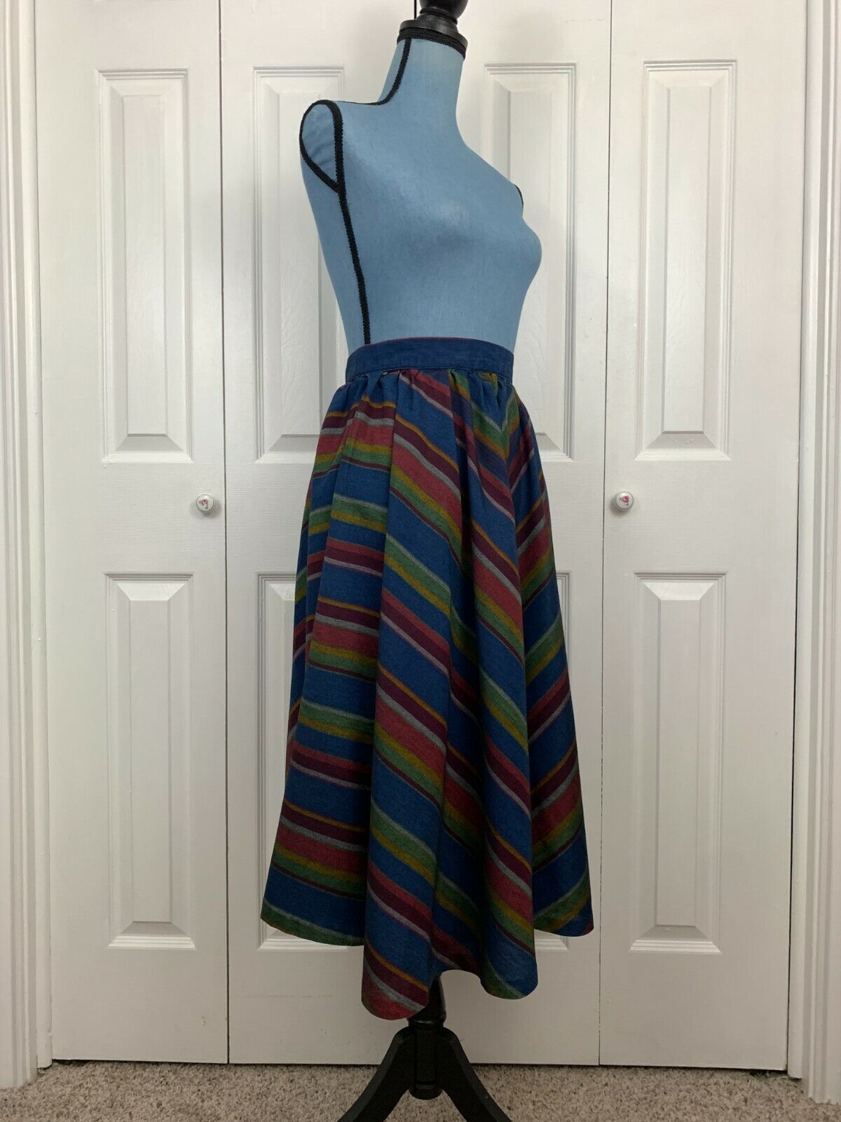 Vintage 1970’s Striped Multi Color Circle Midi Skirt Boho Cottage Core 24
