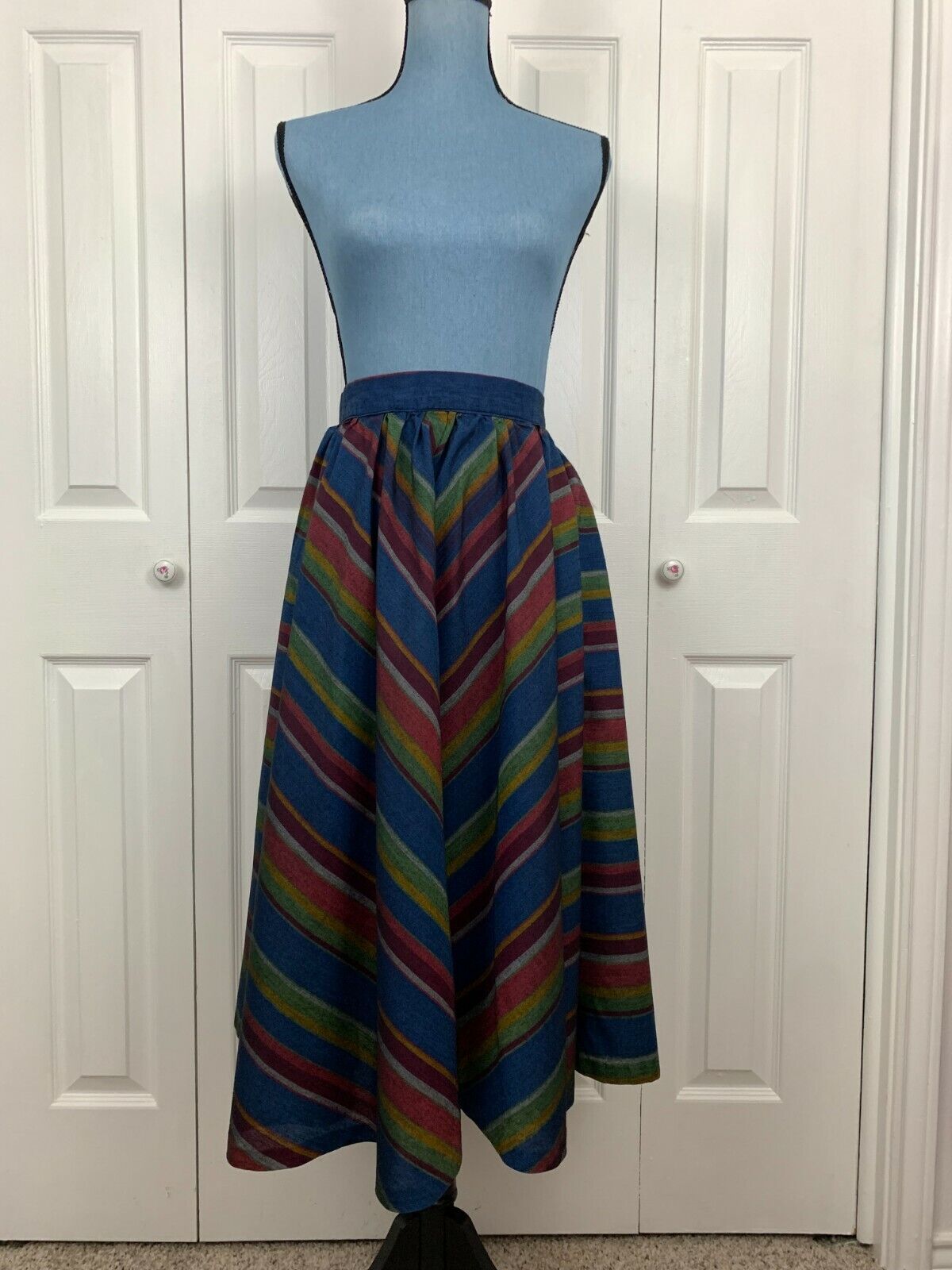 Vintage 1970’s Striped Multi Color Circle Midi Skirt Boho Cottage Core 24