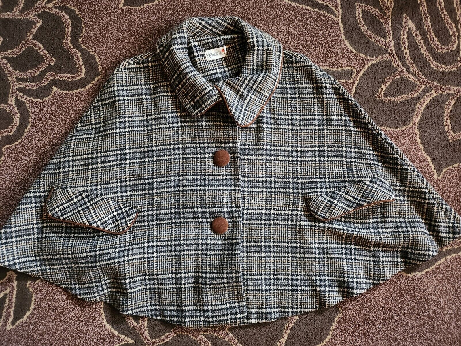 Personal Women Vintage Wool Brown Black Plaid Collared Buttoned Capelet Poncho - Fresh Stock Dated December 2025