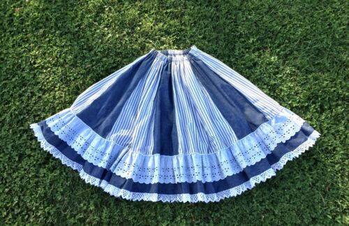 Vtg Blue Chambray Denim Ticking Stripe Prairie Skirt Ruffle Gunne Sax Style - Fresh Stock Dated February 2026