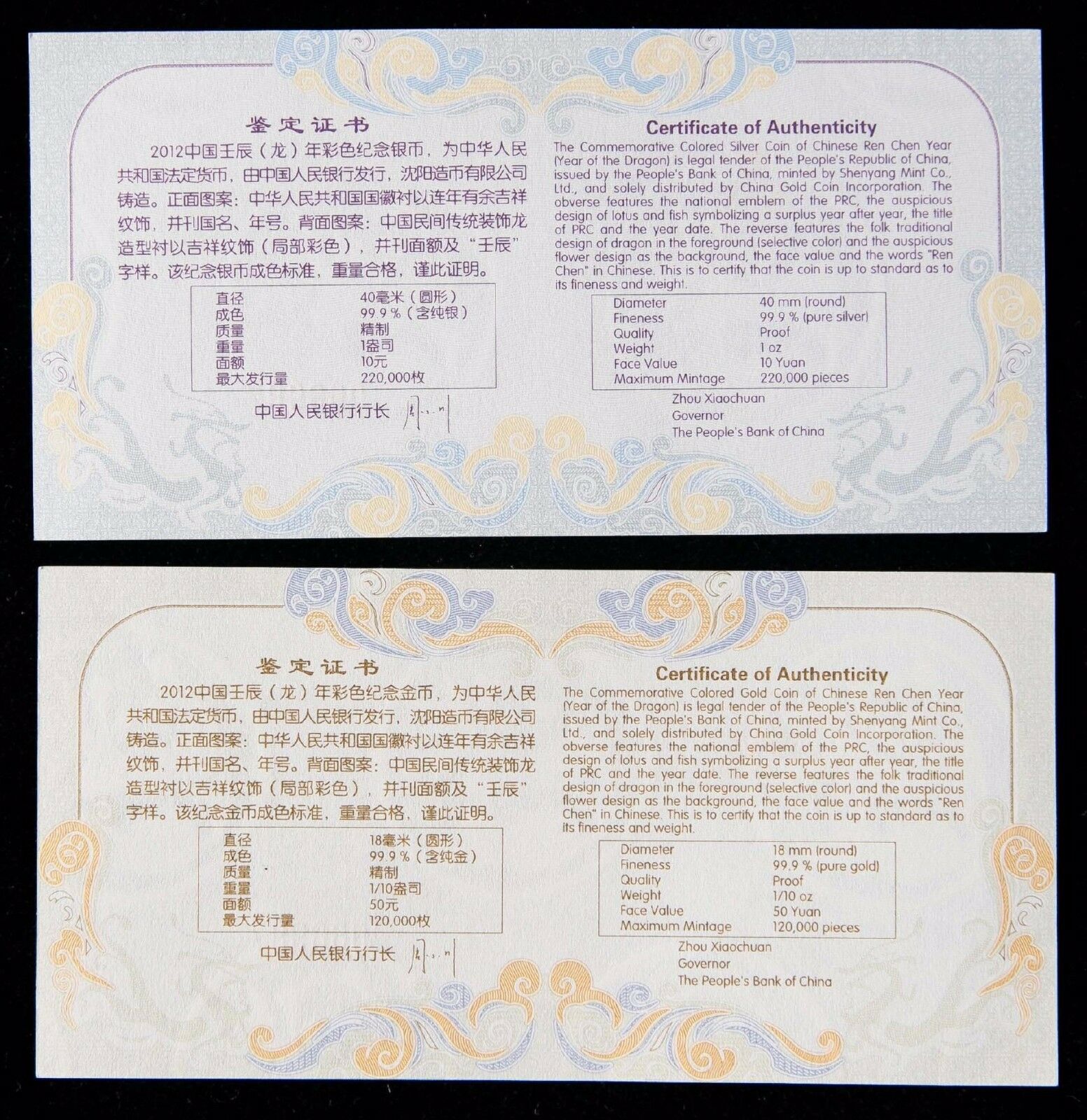 China 2012 Dragon Gold and Silver Colored Coins Set - Fresh Stock Dated February 2026