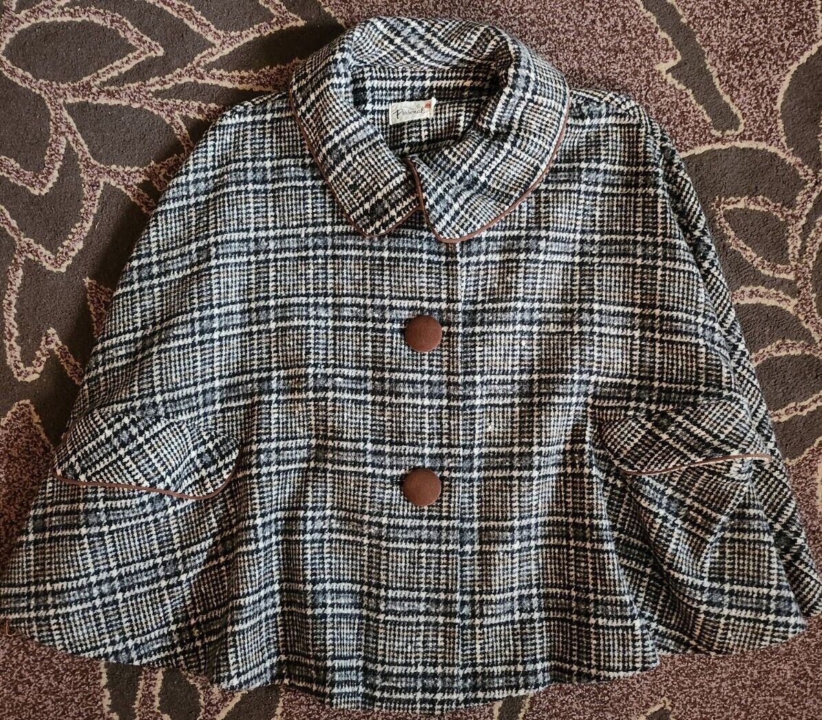 Personal Women Vintage Wool Brown Black Plaid Collared Buttoned Capelet Poncho - Fresh Stock Dated December 2025