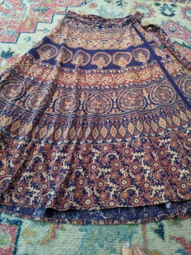 vintage 70s india cotton wrap maxi skirt block print bohemian boho peacocks - Fresh Stock Dated December 2025