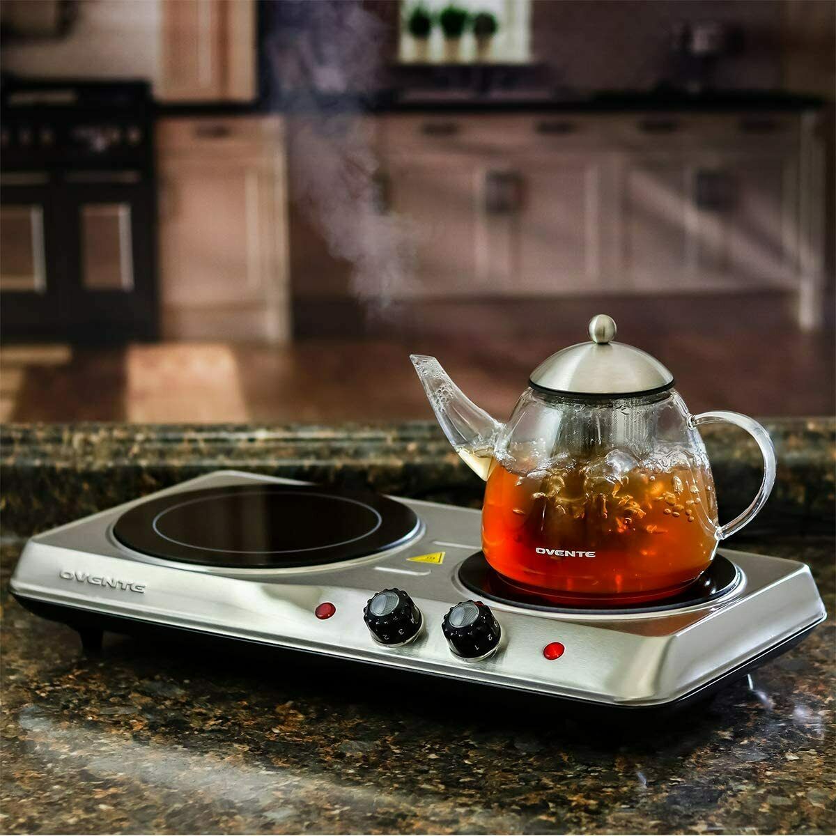 Ovente Electric Glass Infrared Burner 7 Inch Double Hot Plate Silver BGI102S - Fresh Stock Dated December 2025