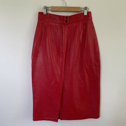 Vintage Genuine Leather Tight Midi Pencil Skirt Cherry Red Evan Arpelli Sz 6 28” - Fresh Stock Dated February 2026