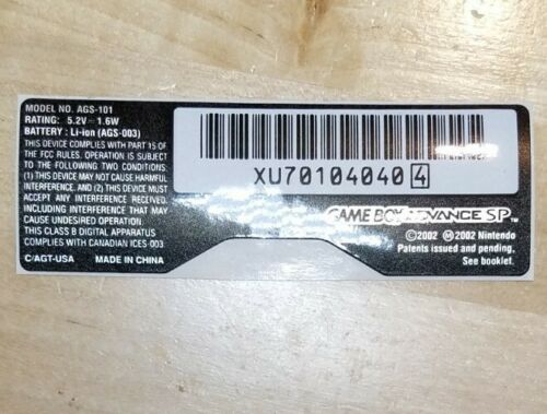 Nintendo Game Boy Advance GBA SP Model # AGS-101 Replacement Sticker Label  MINT - Fresh Stock Dated December 2025