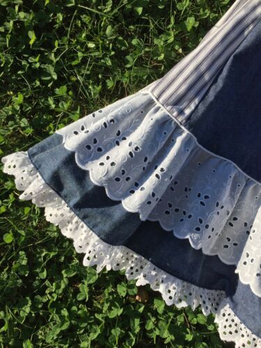 Vtg Blue Chambray Denim Ticking Stripe Prairie Skirt Ruffle Gunne Sax Style - Fresh Stock Dated February 2026