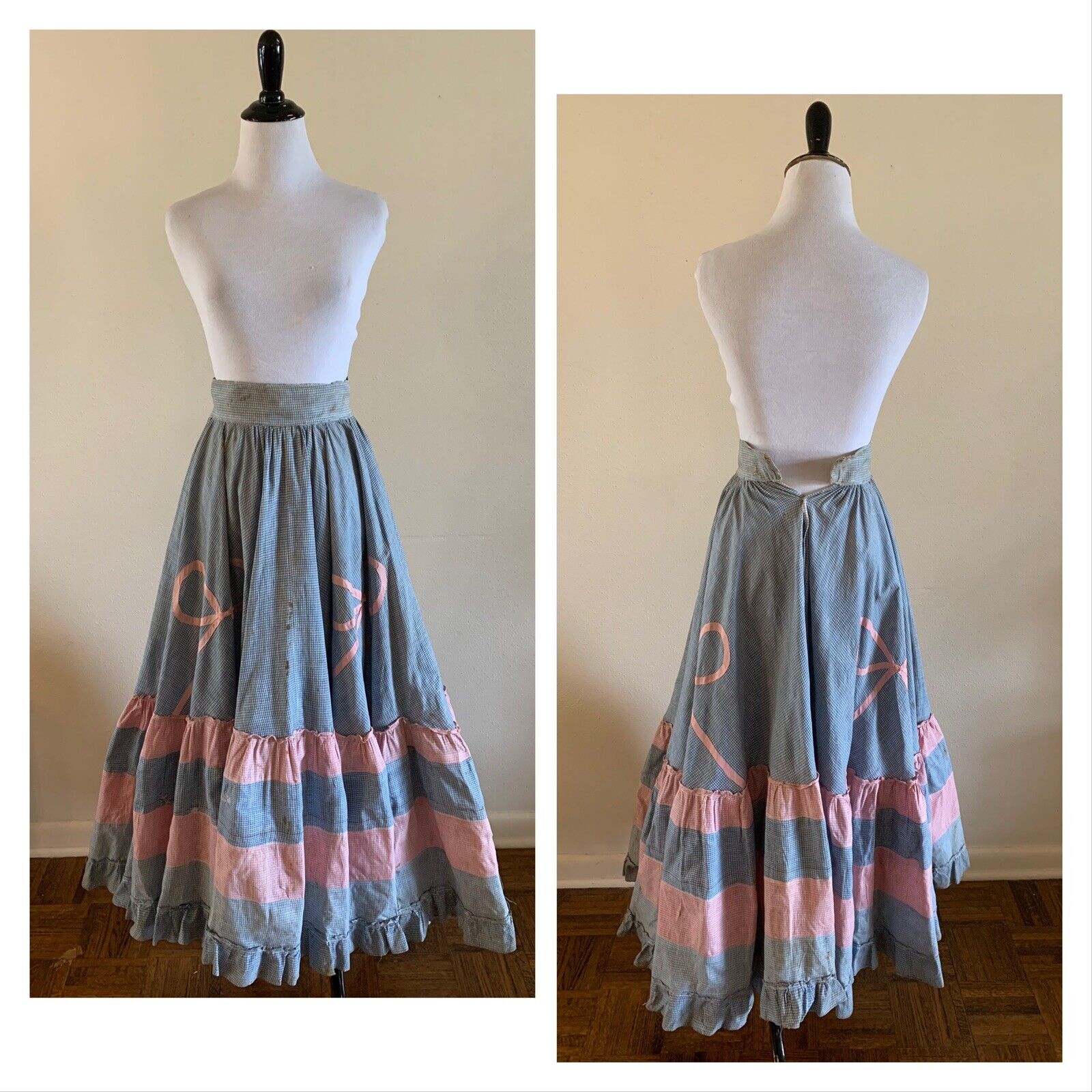 Primitive Gingham Pink & Blue Circle Skirt Distressed Chore Farm Feed Sack VTG - Fresh Stock Dated March 2026
