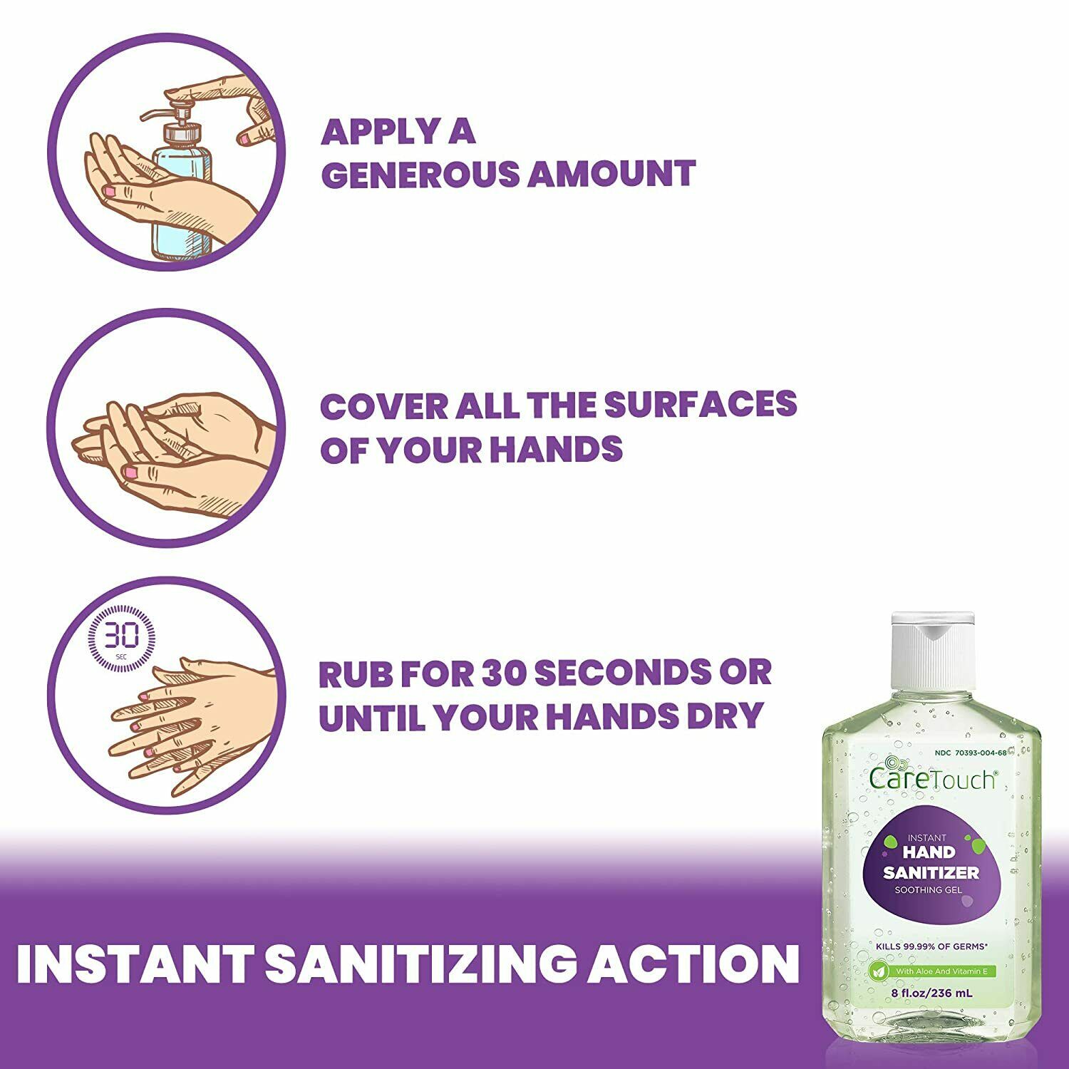 Care Touch Instant Hand Sanitizer Gel with Vitamin E and Aloe Vera, 12-Pack 8oz - Fresh Stock Dated February 2026