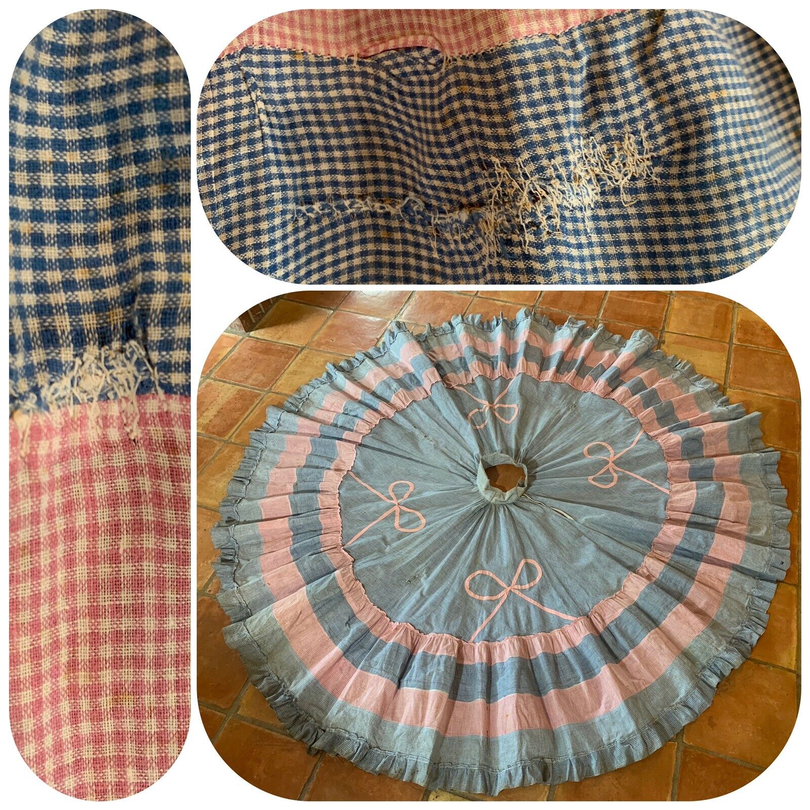 Primitive Gingham Pink & Blue Circle Skirt Distressed Chore Farm Feed Sack VTG - Fresh Stock Dated March 2026
