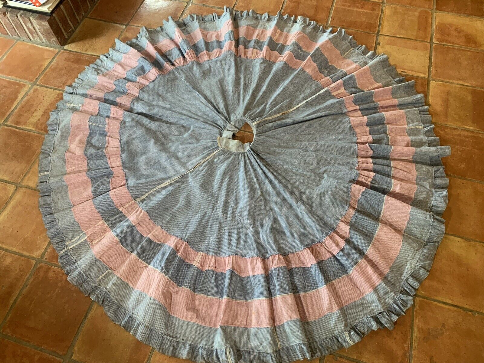 Primitive Gingham Pink & Blue Circle Skirt Distressed Chore Farm Feed Sack VTG - Fresh Stock Dated March 2026