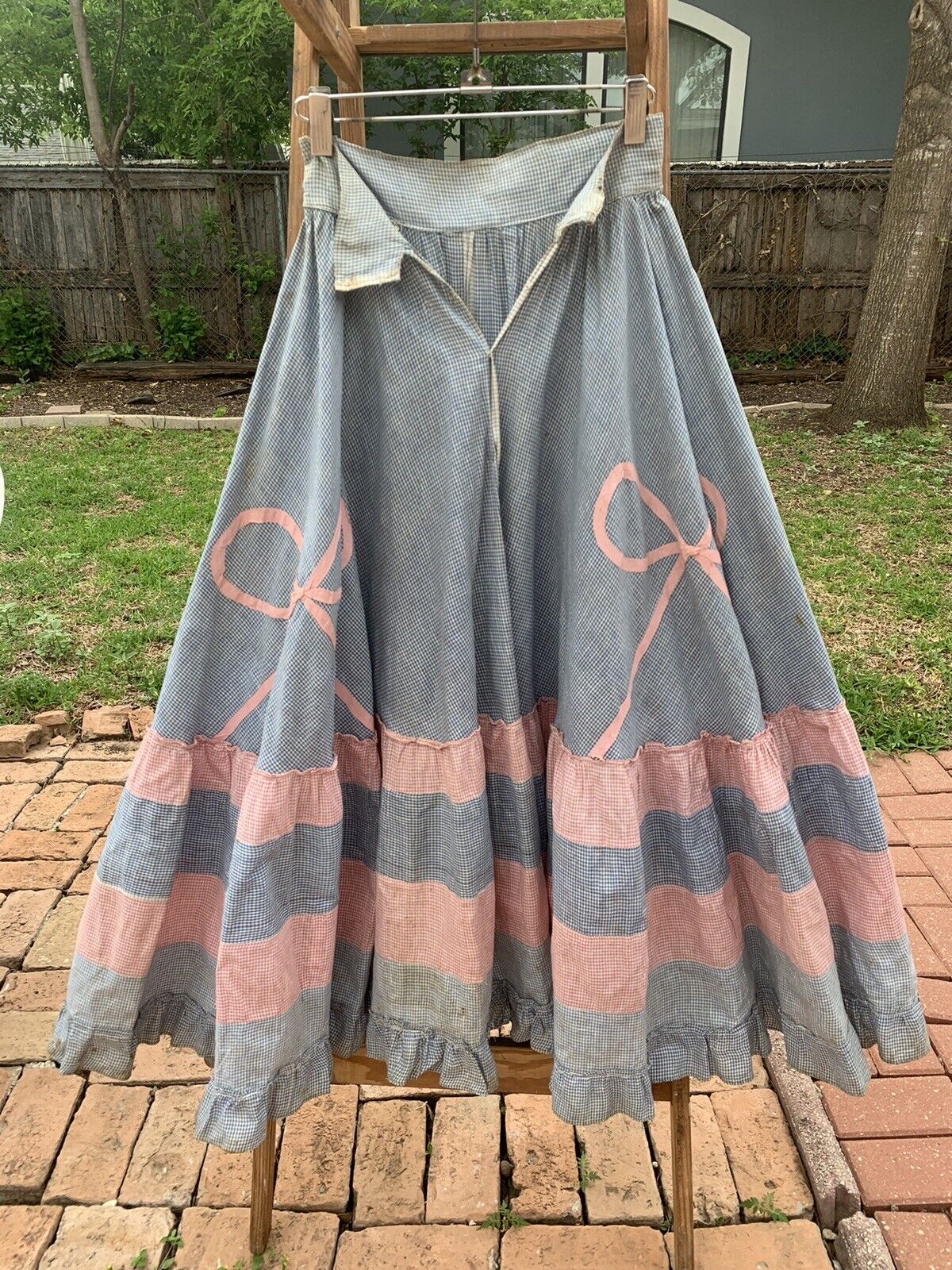 Primitive Gingham Pink & Blue Circle Skirt Distressed Chore Farm Feed Sack VTG - Fresh Stock Dated March 2026