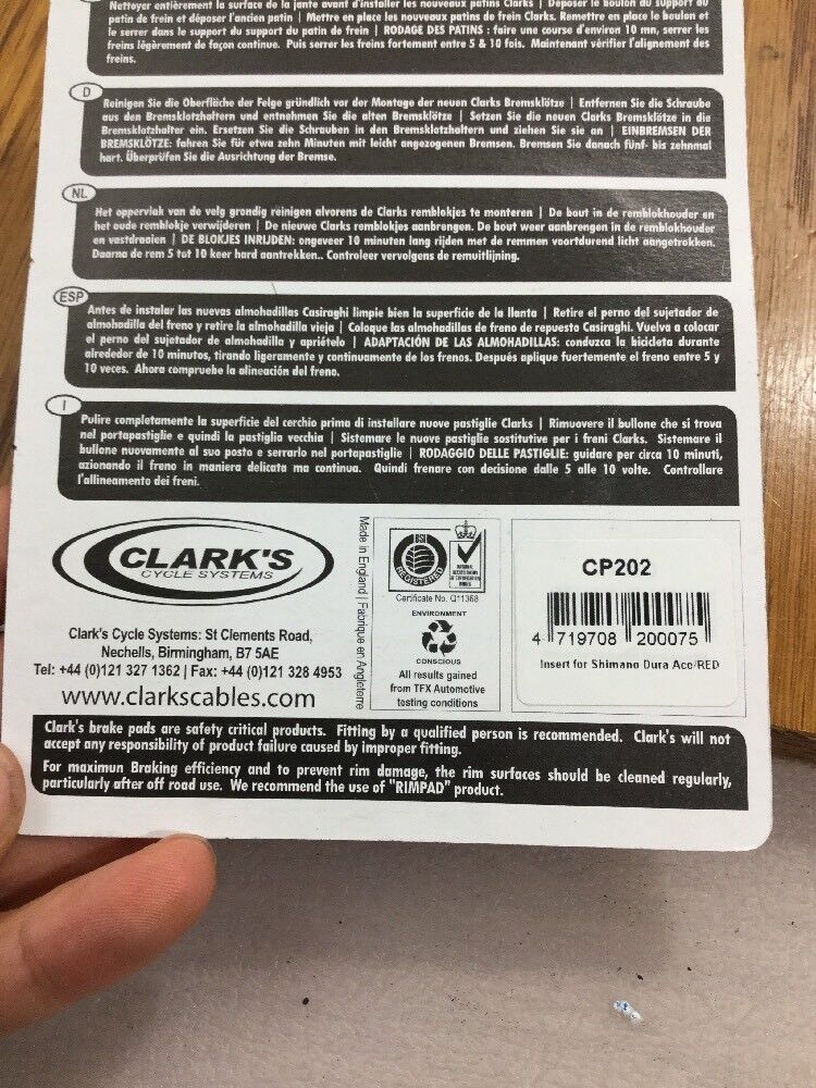 Clark Shimano Road Brake Pads Dura Ace Ultegra 105 9 Speed Cp202(5720) - Fresh Stock Dated February 2026