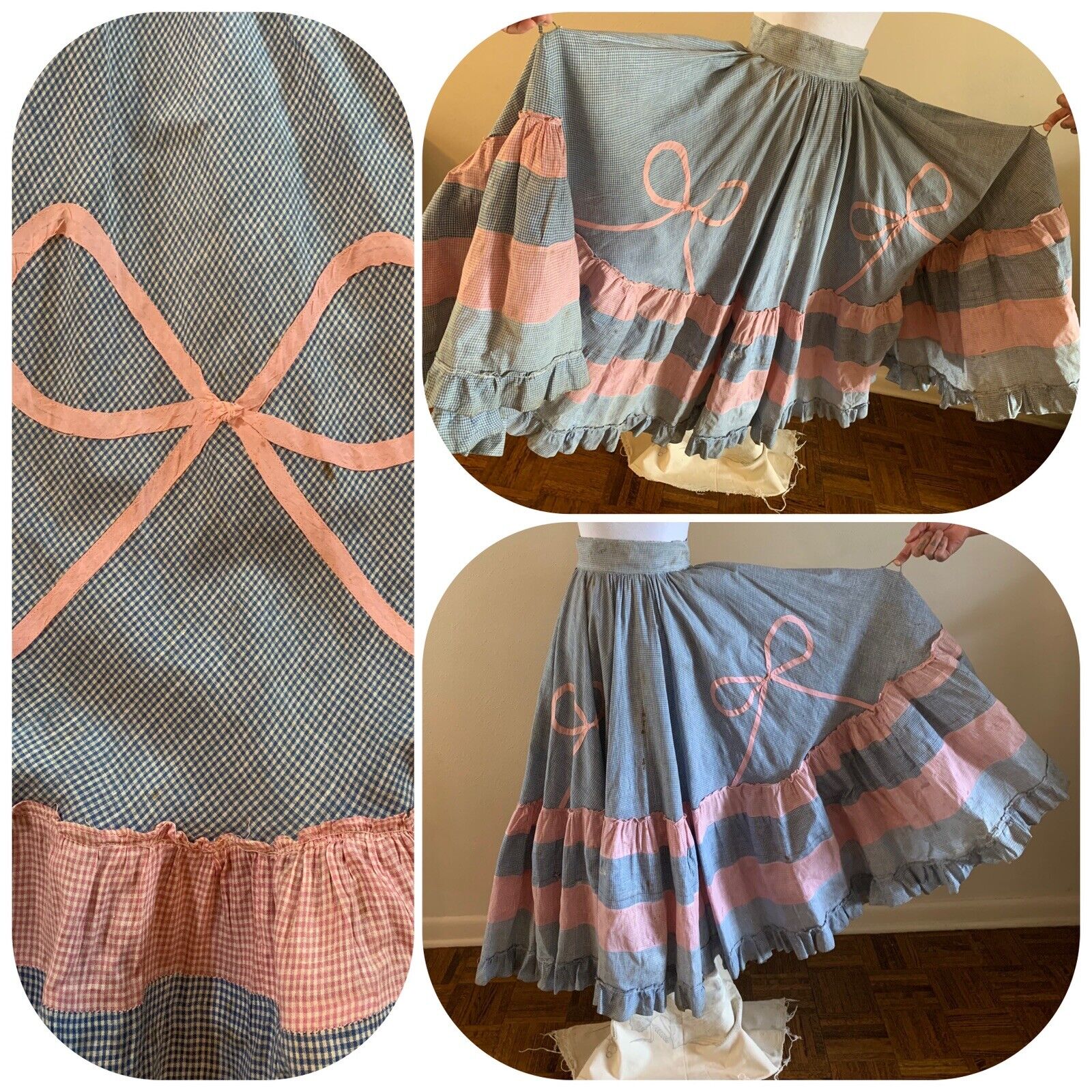 Primitive Gingham Pink & Blue Circle Skirt Distressed Chore Farm Feed Sack VTG - Fresh Stock Dated March 2026