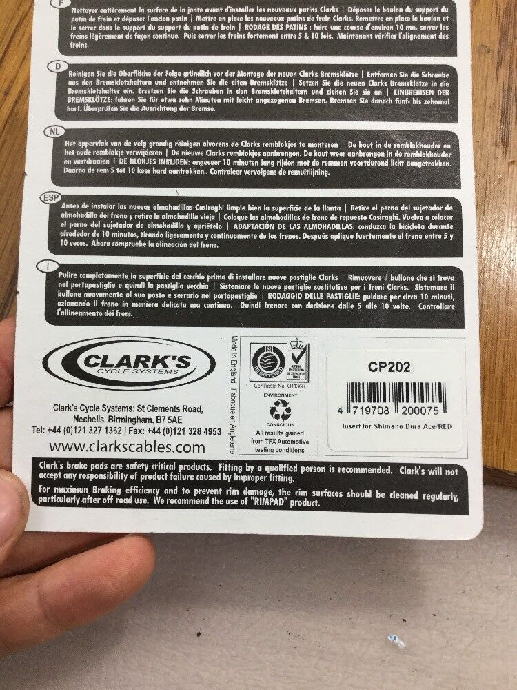 Clark Shimano Road Brake Pads Dura Ace Ultegra 105 9 Speed Cp202(5720) - Fresh Stock Dated February 2026