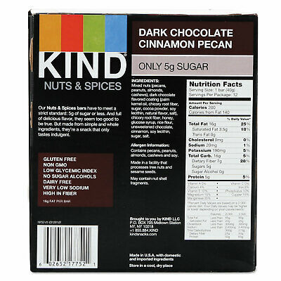 KIND Nuts and Spices Bar Dark Chocolate Cinnamon Pecan 1.4 oz 12/Box 17852 - Fresh Stock Dated December 2025