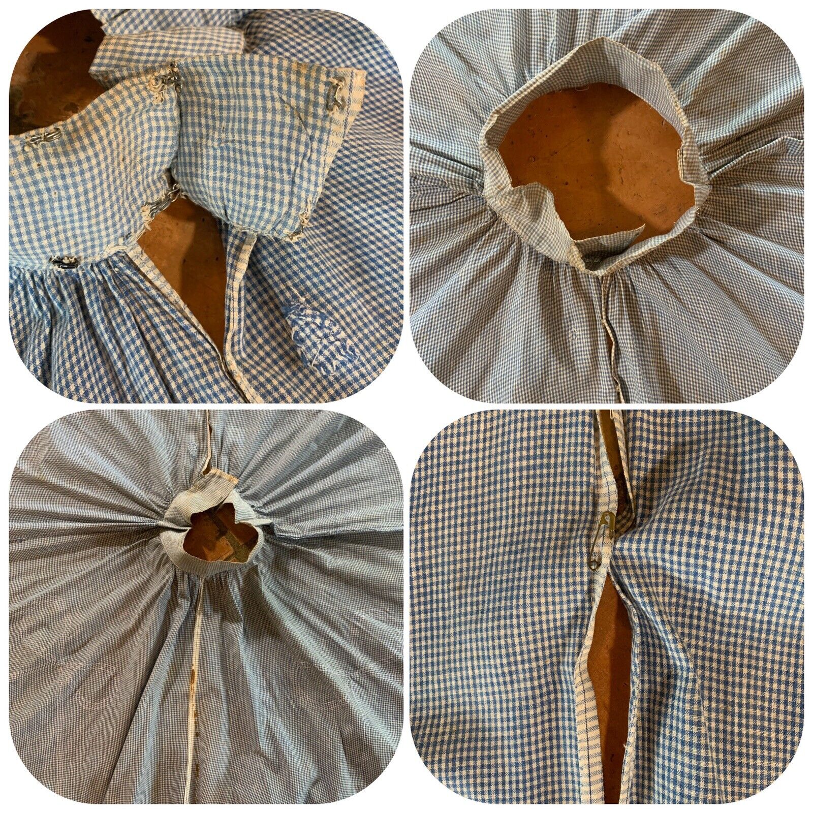 Primitive Gingham Pink & Blue Circle Skirt Distressed Chore Farm Feed Sack VTG - Fresh Stock Dated March 2026