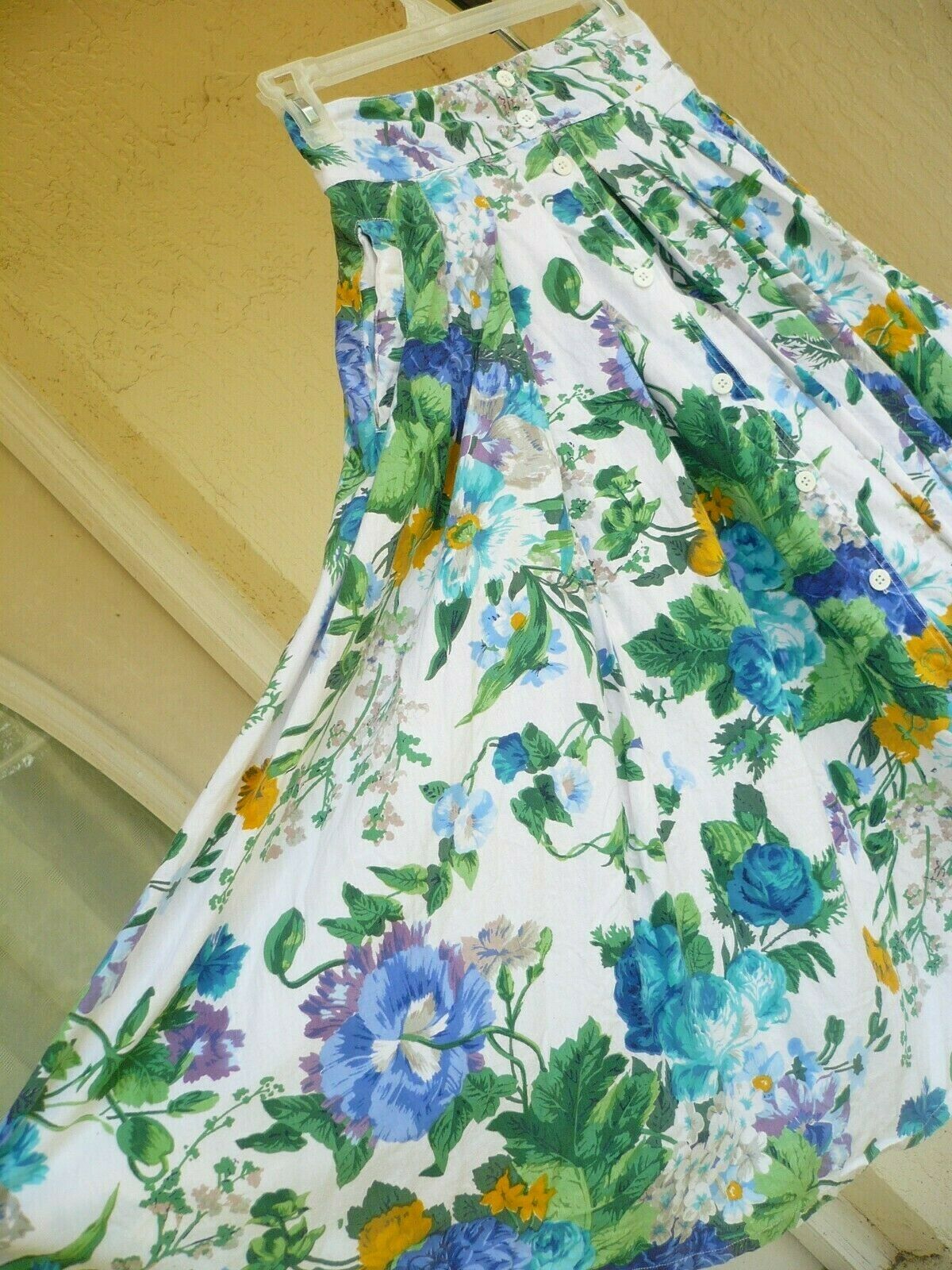 VTG 80S S COTTON PHOOL FLORAL PURPLE GREEN COTTAGE GARDEN FULL BUTTON SKIRT LADY - Fresh Stock Dated February 2026