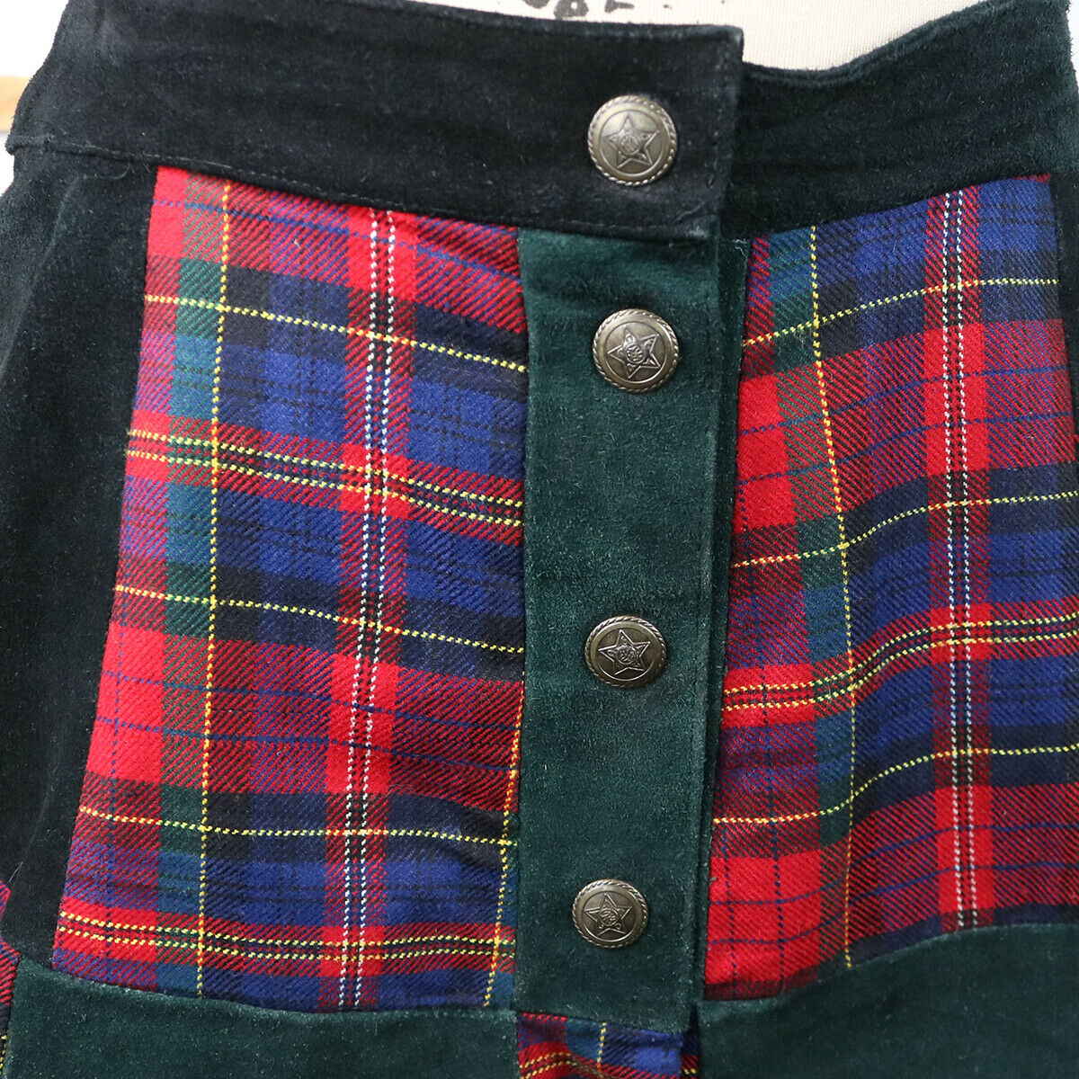 Mona Mode Vintage Women Tartan Plaid Suede Leather Patchwork Mini Skirt, Size M - Fresh Stock Dated February 2026