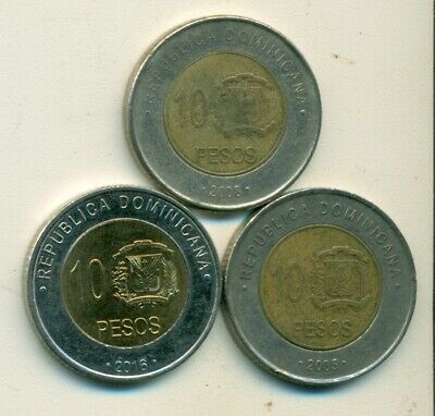 3 BI-METAL 10 PESO COINS from the DOMINICAN REPUBLIC (2005, 2008 & 2016). - Fresh Stock Dated February 2026