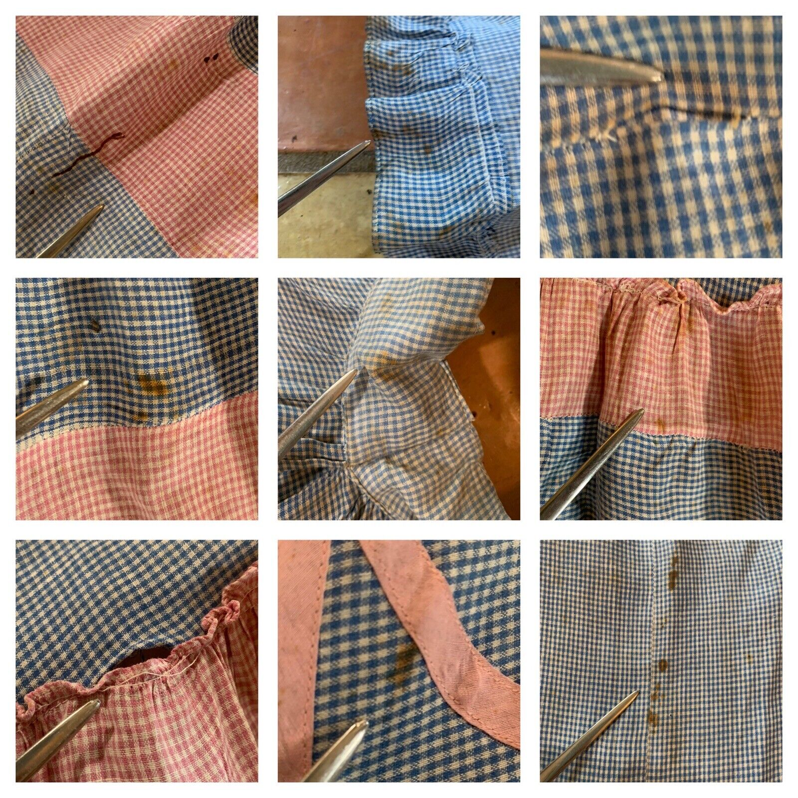 Primitive Gingham Pink & Blue Circle Skirt Distressed Chore Farm Feed Sack VTG - Fresh Stock Dated March 2026