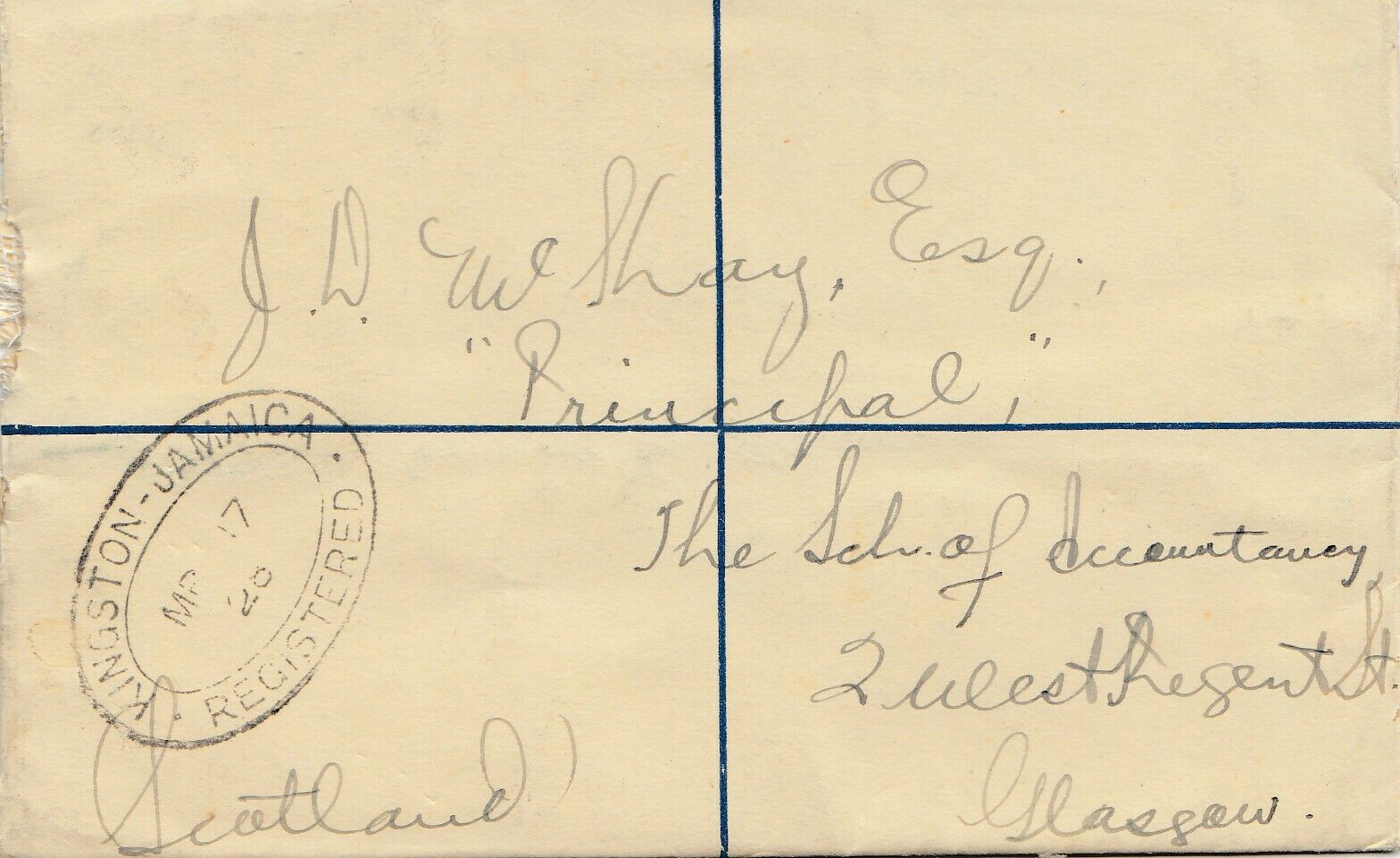 Jamaica 1928: Registered Letter Myers Wharf To Glasgow - Fresh Stock Dated February 2026