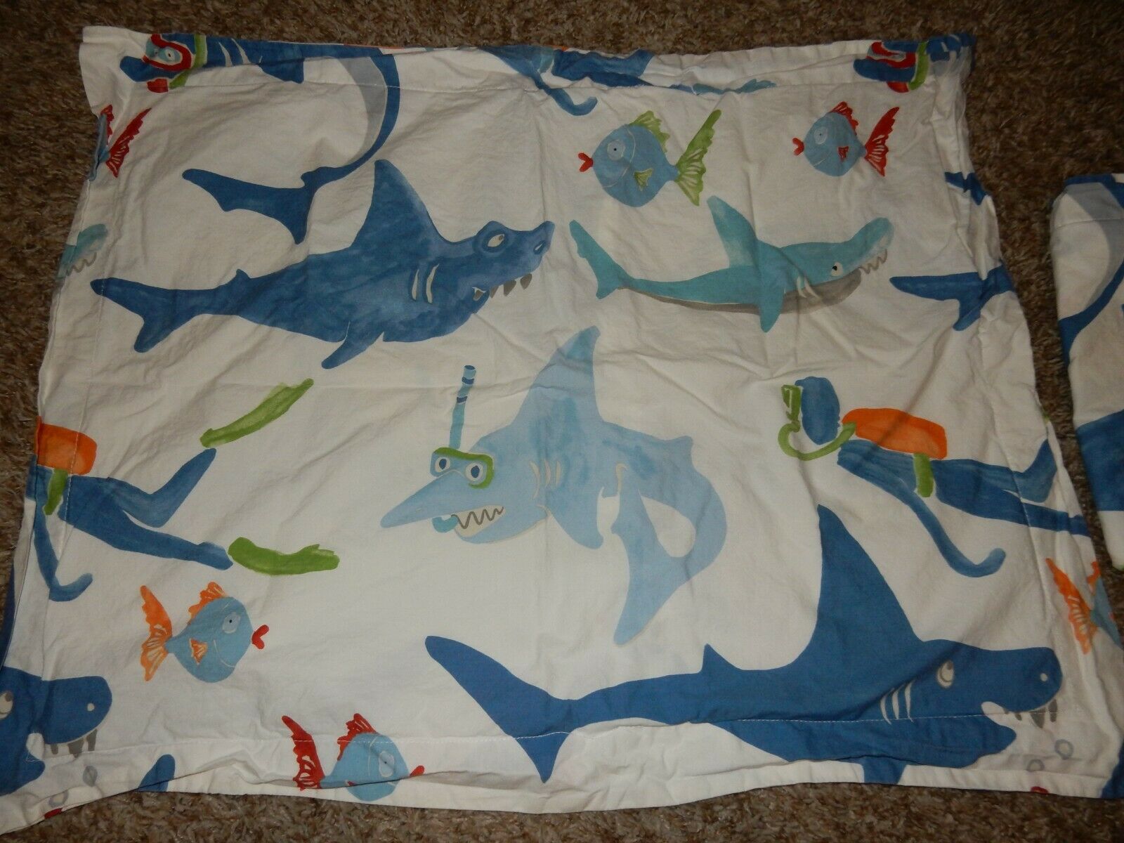 7H Set of 2 POTTERY BARN Sharks Scuba Diver Fish Snorkel Cotton Pillow Shams - Fresh Stock Dated December 2025
