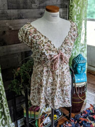 Floral Peasant Prairie Cottagecore Pastel Garden Grunge Blouse Tie Empire Waist - Fresh Stock Dated March 2026