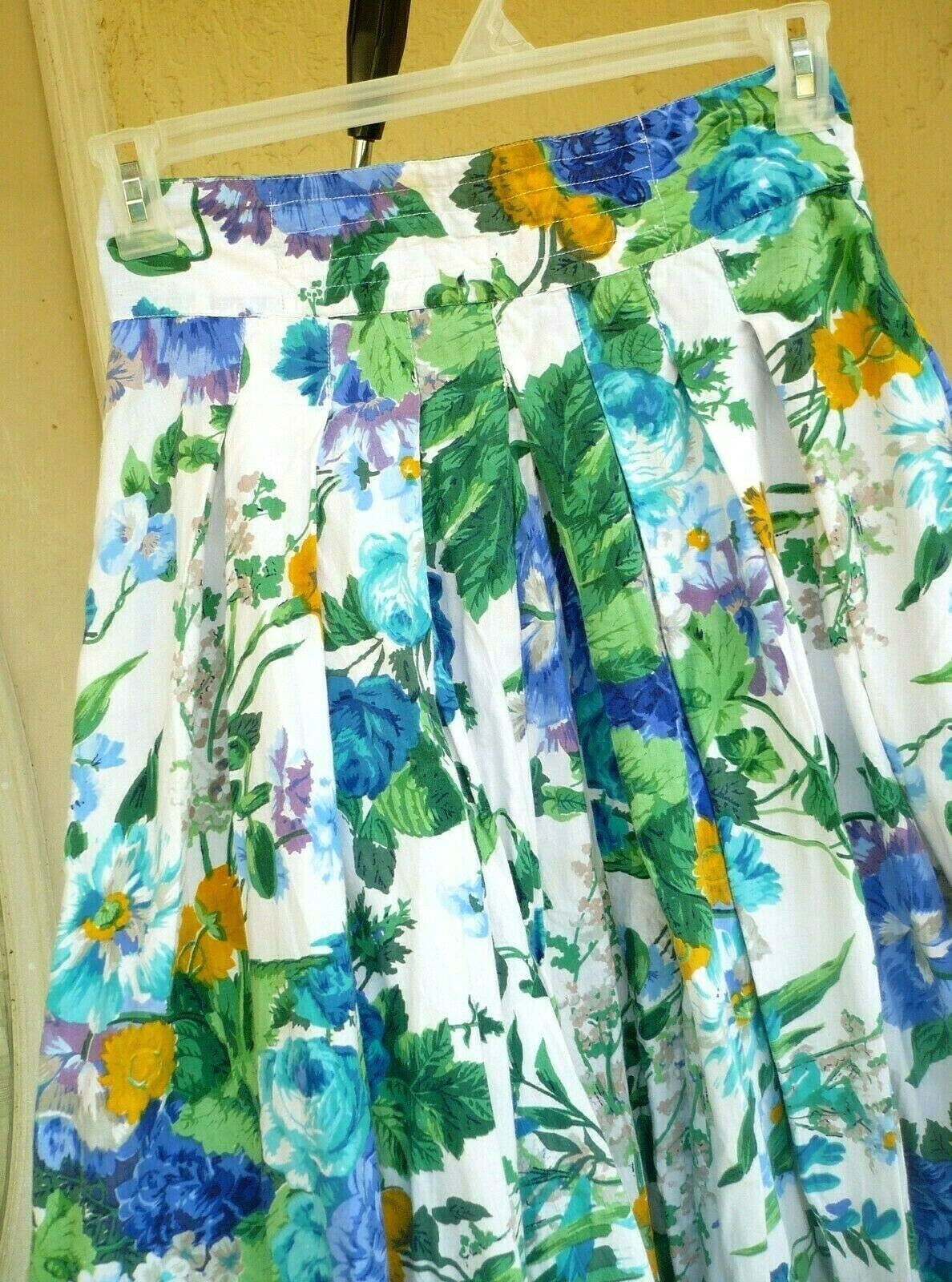 VTG 80S S COTTON PHOOL FLORAL PURPLE GREEN COTTAGE GARDEN FULL BUTTON SKIRT LADY - Fresh Stock Dated February 2026