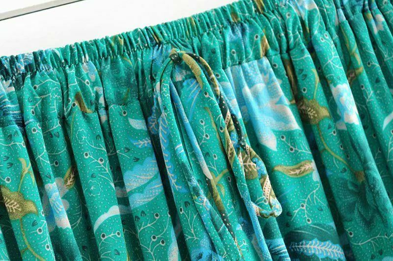 Women Vintage Skirt Hippie Green Floral Bohemian Pleated High Elastic Waist Maxi - Fresh Stock Dated December 2025