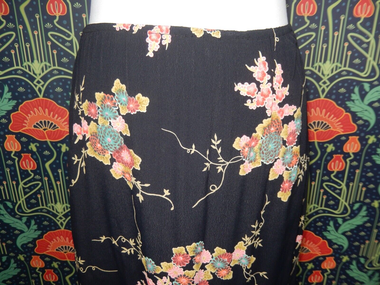 Vintage 90's Y2K Zoe Chinoiserie Print Rayon Long Grunge Slip Skirt S - Fresh Stock Dated March 2026