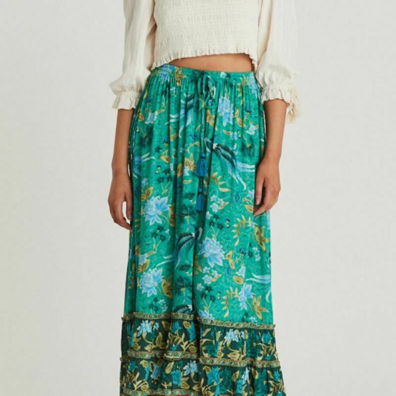Women Vintage Skirt Hippie Green Floral Bohemian Pleated High Elastic Waist Maxi - Fresh Stock Dated December 2025