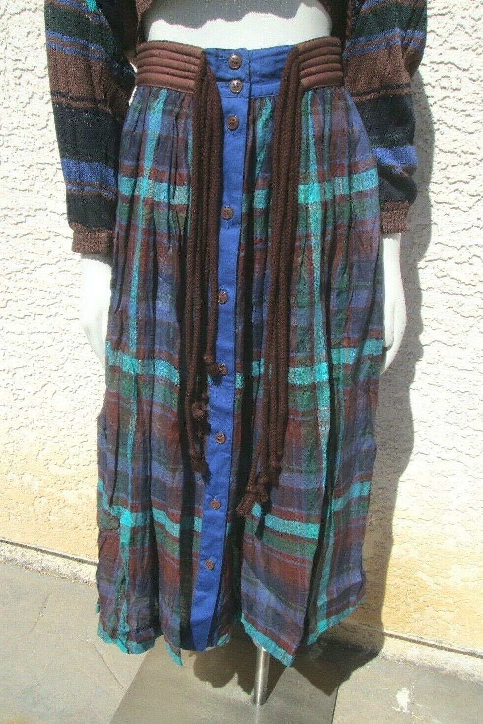 VTG 1980 Escada Skirt Set Boho Linen Brown And Blue Size 4 Made In West Germany - Fresh Stock Dated March 2026